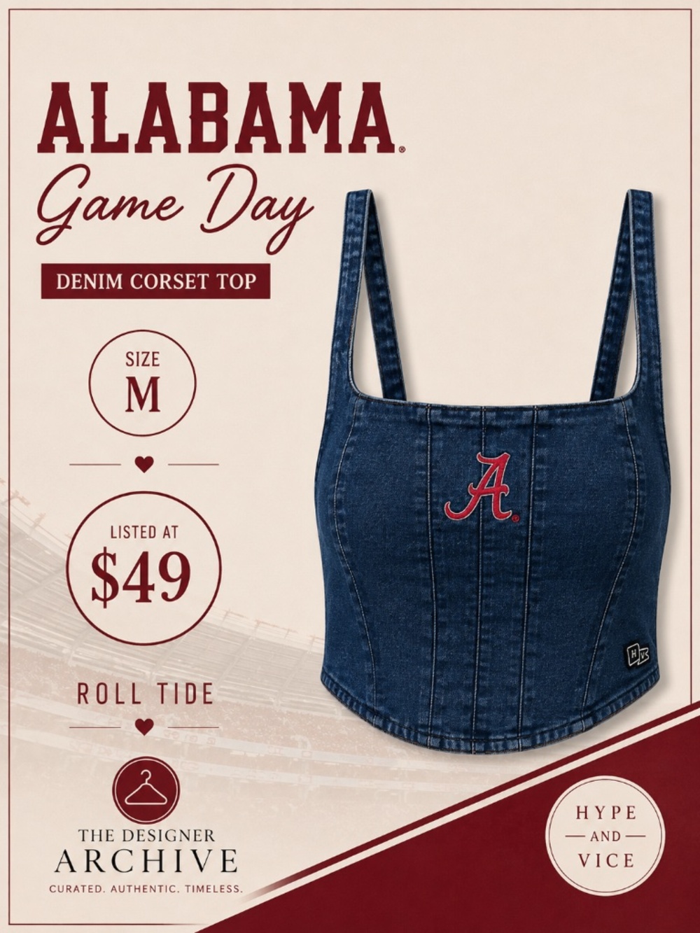 Hype and Vice Alabama Denim Corset Top Crimson Tide Size M